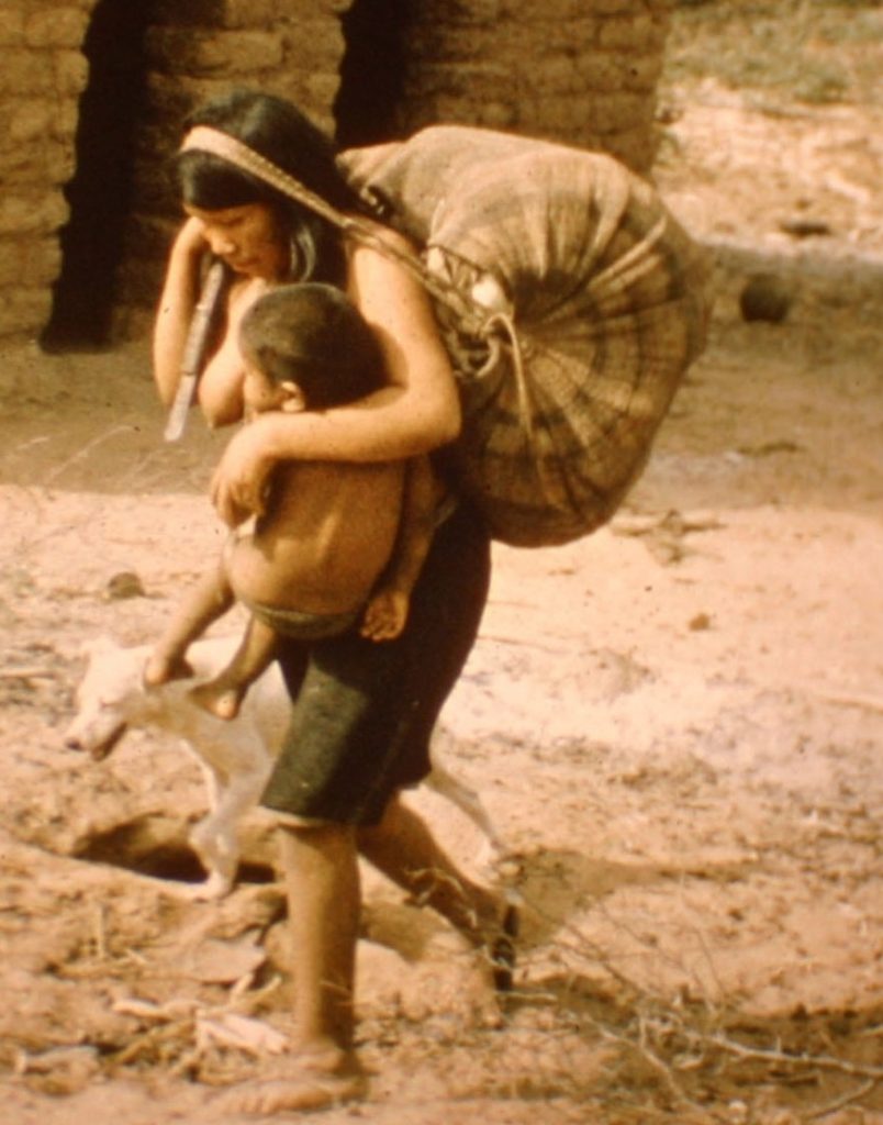 Ayoré woman child in sling, dog at her side, and heavy bag supported by band across her forehead.